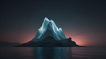 majestic iceberg rising above calm waters at twilight, its surface reflecting the fading light in a 