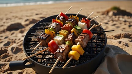 Summer bbq concept image with skewers on a hot barbecu.generative.ai 