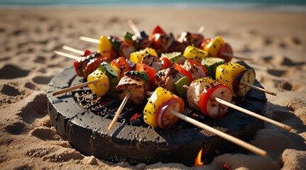 Summer bbq concept image with skewers on a hot barbecu.generative.ai 