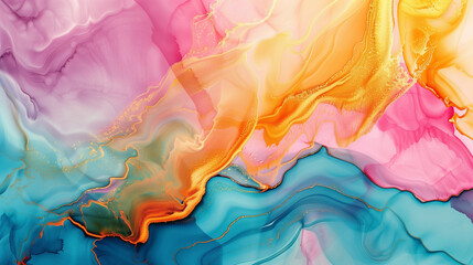Wall Mural - With fluid, organic shapes and intense colors that resemble ink marble patterns.