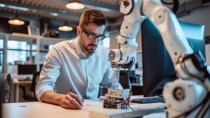 Poster - A man is sitting at a desk with a robot in front of him