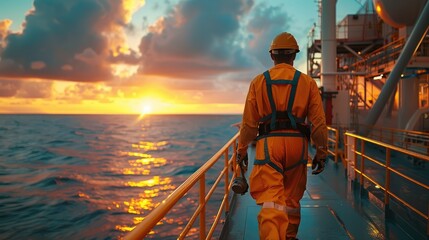 Poster - An oil and gas worker in uniform walking on the deck of an oil platform with an ocean horizon and sunset sky background. Generative AI.