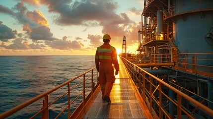 Poster - An oil and gas worker in uniform walking on the deck of an oil platform with an ocean horizon and sunset sky background. Generative AI.