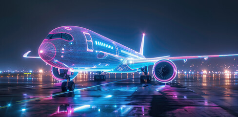 Poster - An unpainted aircraft, on the runway at night, the fuselage of the aircraft is clear and strong cyber-style 3D, dominated by blue and pink. Generative AI.