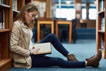 Poster - Student, library and girl reading book for education, studying or literature in English, language and college. Person relax on floor by shelf with novel, knowledge or scholarship for learning history