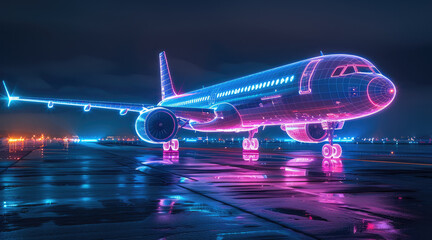 Poster - An unpainted aircraft, on the runway at night, the fuselage of the aircraft is clear and strong cyber-style 3D, dominated by blue and pink. Generative AI.