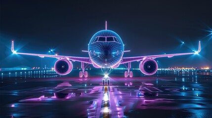 Poster - An unpainted aircraft, on the runway at night, the fuselage of the aircraft is clear and strong cyber-style 3D, dominated by blue and pink. Generative AI.