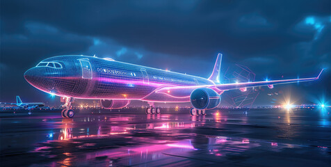 Poster - An unpainted aircraft, on the runway at night, the fuselage of the aircraft is clear and strong cyber-style 3D, dominated by blue and pink. Generative AI.