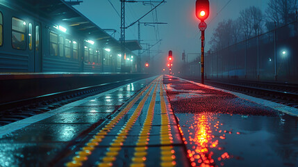Poster - A train platforms in light rain, railway signal lights shimmering, empty, mysterious and beautiful atmosphere, low saturation, long exposure. Generative AI.