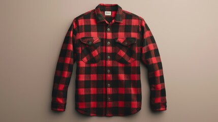 Red and black plaid flannel shirt with long sleeves and button-up closure.