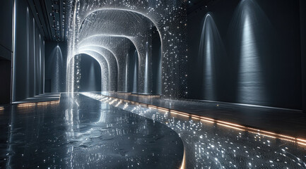 Poster - A dark room with black walls and floor, the ground is covered in tiny lights that form circular patterns on it, there's an LED light installation hanging from above casting long. Generative AI.