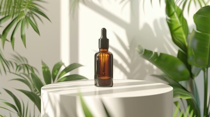 Wall Mural - Natural cosmetic showcased in amber dropper bottle on podium with plants beauty care concept