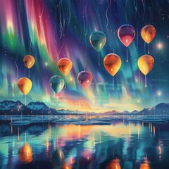 New Year's celebration with balloons and mesmerizing northern lights, clear night sky, vibrant festive atmosphere, ideal for event promotion.