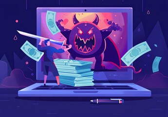 Conceptual Illustration of Cybersecurity with Dark Colors and Money