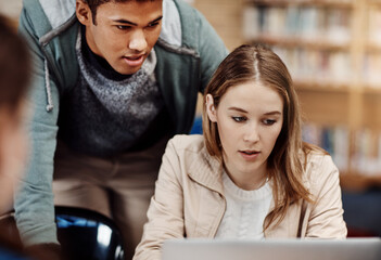 Poster - Students, group and team work in library on laptop with education, knowledge and planning or learning in college. Young people on computer with problem solving, research and studying for online test