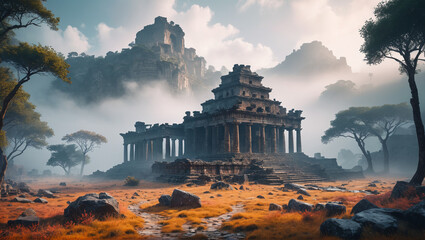 Wall Mural - Ancient ruins cloaked in mist, echoing the stories of forgotten civilizations, Generative AI