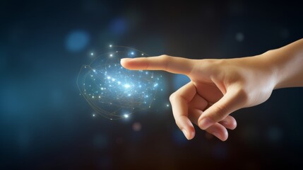 Poster - close-up on a person's hand using a telekinetic ability to manipulate a futuristic social media marketing icon floating in mid-air for internet network technology and business concept.