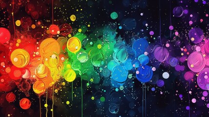 Wall Mural - Abstract Rainbow Paint Splashes on Black Background