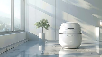 Poster - White rice cooker on the floor, in a room with white floor tiles, minimalistic setting. Clean and simple design, natural light coming from a window. Generative AI.