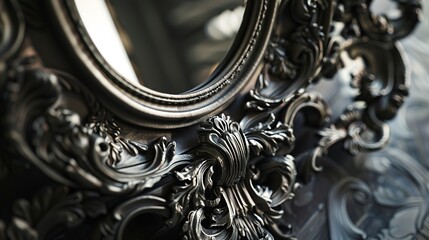 Poster - Detailed view of a mirror frame, intricate carvings, bright and reflective, soft focus. 