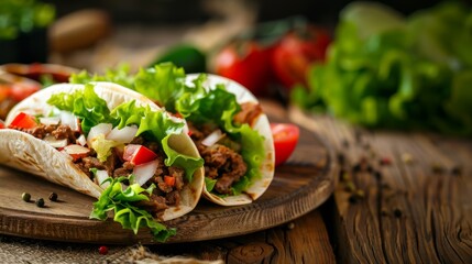 Wall Mural - Delicious tacos with fresh vegetables and meat on rustic table