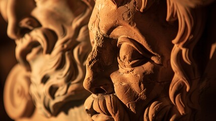 Poster - Detailed view of a terra cotta sculpture, intricate carvings, warm hues, studio lighting.