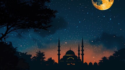 Wall Mural - Magical mosque silhouette against a starry night sky