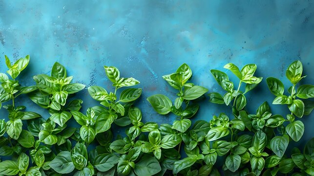 chopped herbs on a bright cyan background