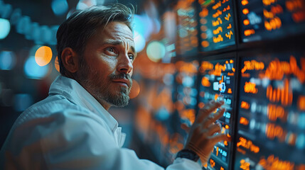 Leinwandbilder - A businessman using a tablet to analyze large data sets in a time-sensitive scenario, such as a stock market or a sports game, background that emphasizes the urgency and excitement. Generative AI.