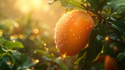 A single half of a ripe mango, its golden flesh glistening with juice, floats amidst lush green leaves in a cinematic scene. Sunlight filters through the leaves, casting dappled light on the fruit.