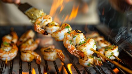 Wall Mural - A chef grilling jumbo shrimp on skewers with a brush of garlic butter, showcasing culinary expertise