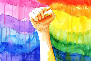 Wall Mural - A woman's raised fist, painted like rainbow flag and watercolor background.