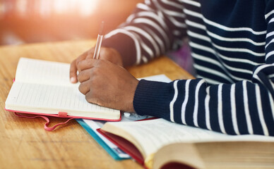 Poster - Hands, student and writing with notebook in library for education, development and ready for exam. Person, books and pen for notes, scholarship and research in study hall for assessment at university