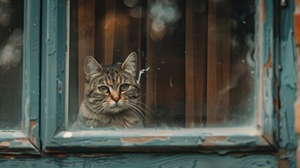 Poster - A close-up of a cat sitting on a window sill, looking curiously outside through the glass pane