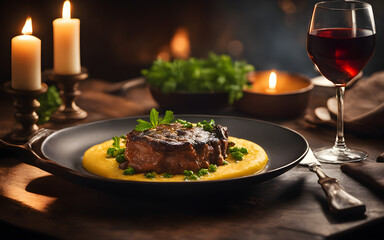 Italian ossobuco, veal shanks, gremolata, creamy polenta, elegant plate