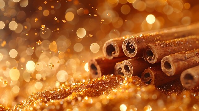 cinnamon sticks broken into pieces on a bright gold background