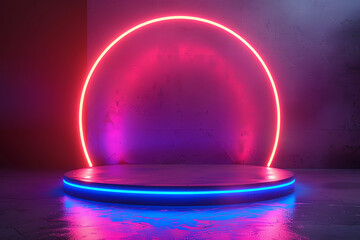 Wall Mural - Neon-lit circle stage in dark room, emitting red, pink, and blue glow. Futuristic and vibrant scene suitable for performances or presentations, showcase product podium