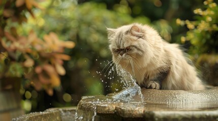 Poster - A fluffy Persian cat tentatively exploring a water fountain in a garden, pawing at the flowing water