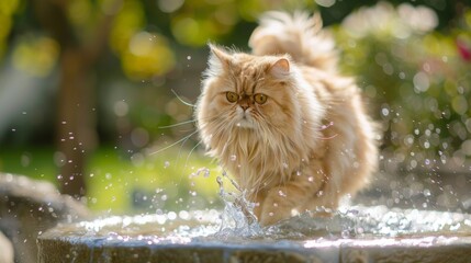 Poster - A fluffy Persian cat tentatively exploring a water fountain in a garden, pawing at the flowing water