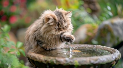 Poster - A fluffy Persian cat tentatively exploring a water fountain in a garden, pawing at the flowing water