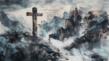 Wall Mural - traditional wash watercolor painting of cross on hill