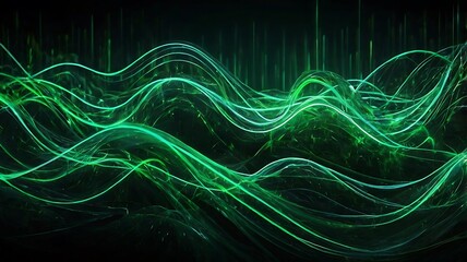 Wall Mural - Green waves of black abstract background wallpaper in digital neon style