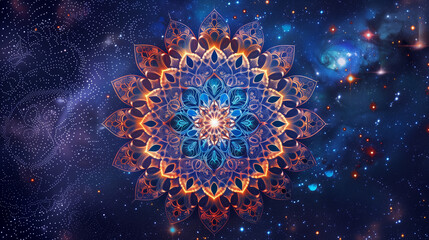 a mandala with bright colors and intricate patterns glows against a cosmic background full of stars.