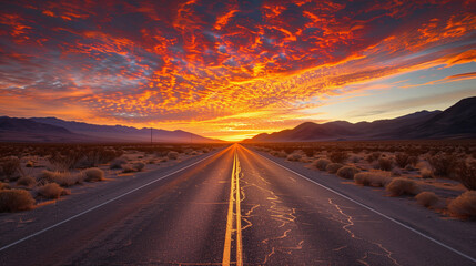 The straight road stretches towards the horizon during an invigorating sunrise, surrounded by desert terrain and majestic mountains.