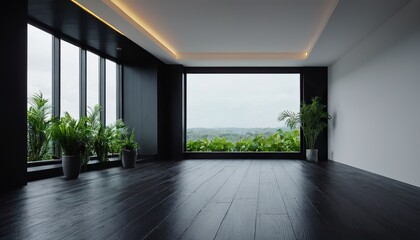 Wall Mural - empty room with dark wall and wooden floor with plant