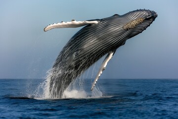 A breathtaking shot of a humpback whale leaping majestically out of the water, droplets of seawater cascading around it. The whale's massive form contrasts against the deep blue ocean .