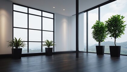 Poster - Empty room interior background. Modern interior of empty living room with leather armchair on wood flooring and dark blue wall