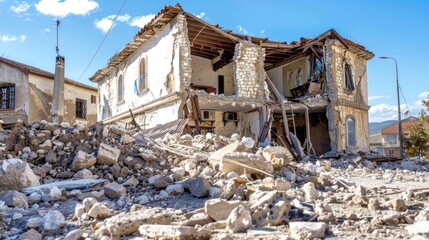 A house is in ruins with a lot of debris and rubble