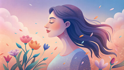 Wall Mural - illustration of a beautiful girl in the spring for a holiday with flowers