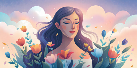 Wall Mural - illustration of a beautiful girl in the spring for a holiday with flowers